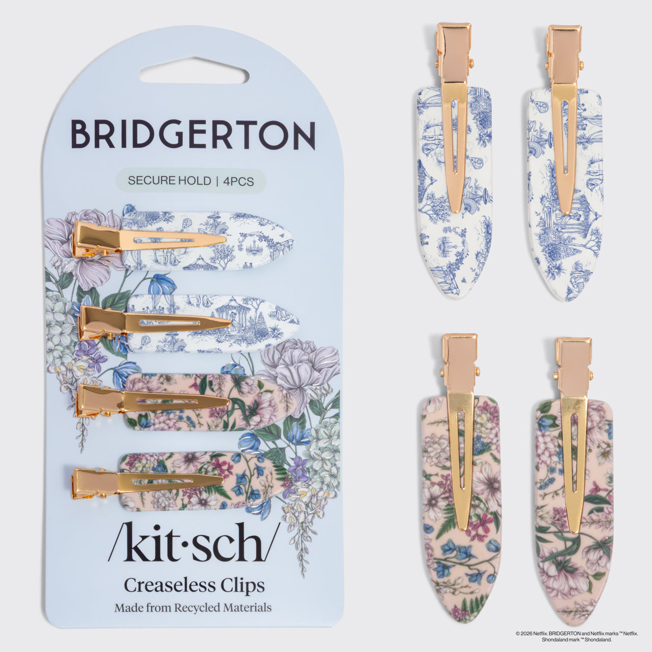 508900-BridgertonxKitsch-RecycledPlasticCreaselessClips-4pc-ToileInBloom-hero-1280x1280px-1.jpg