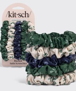 Cream. Court Green & Navy Blue Ruched Satin Scrunchies 5pc Set